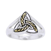 Silver triquetra trinity ring with gold Celtic knot design on a white background